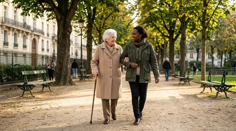 Dispositif OSCAR : une personne âgée accompagnée par son aide à domicile lors d'une promenade